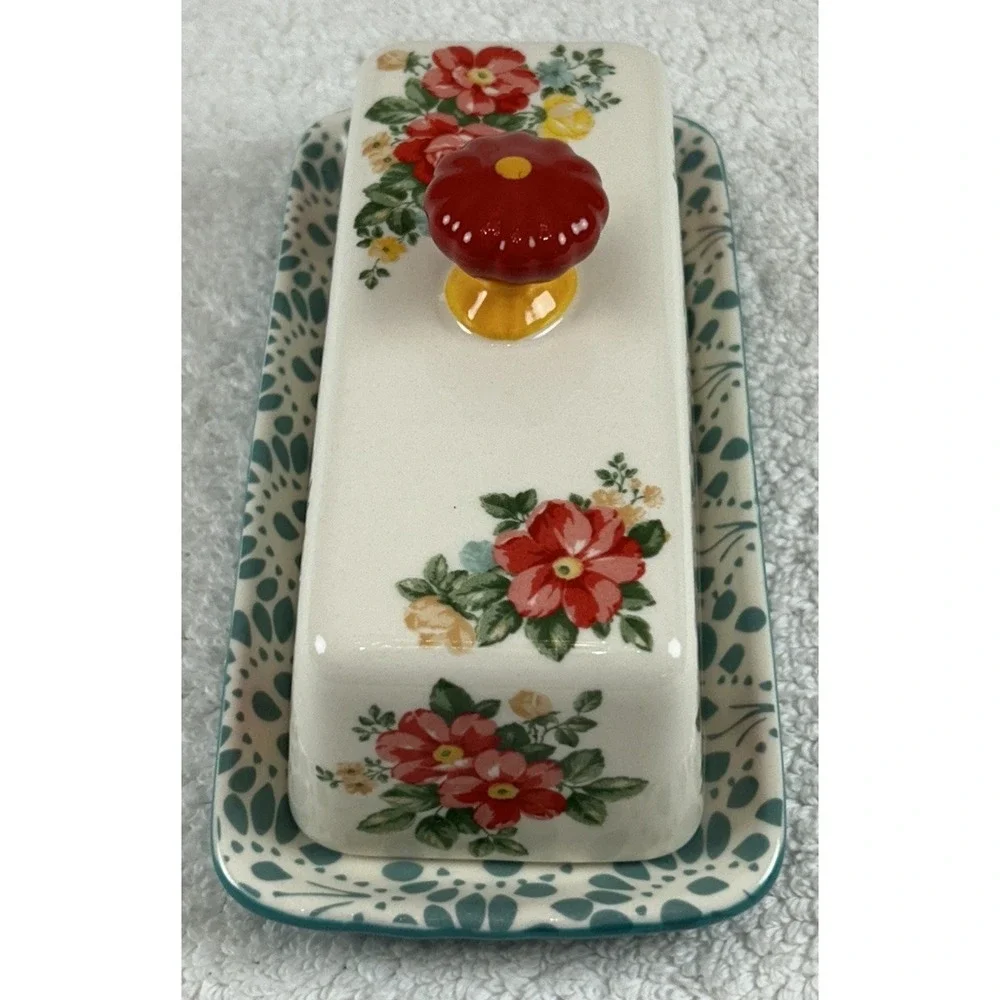 Pioneer Woman Single Stick Butter Dish Vintage Floral Stoneware Teal Red Ivory